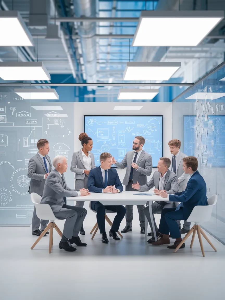 Engineering professionals reviewing industrial plans during a consultation